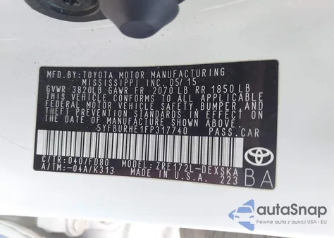 2015 Toyota Corolla S Plus from USA, damaged, VIN 5YFBURHE1FP317740